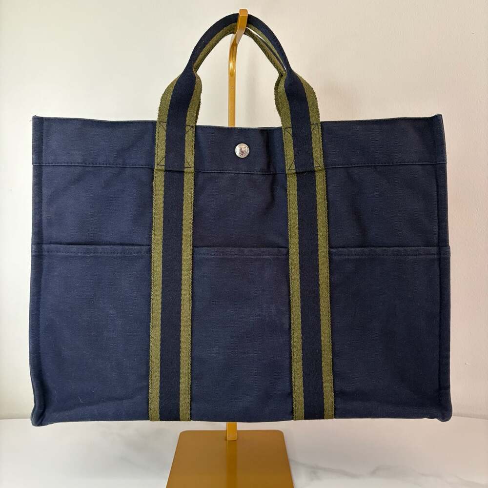 Hermès Fourre-Tout MM Tote Bag in Navy and Khaki Canvas